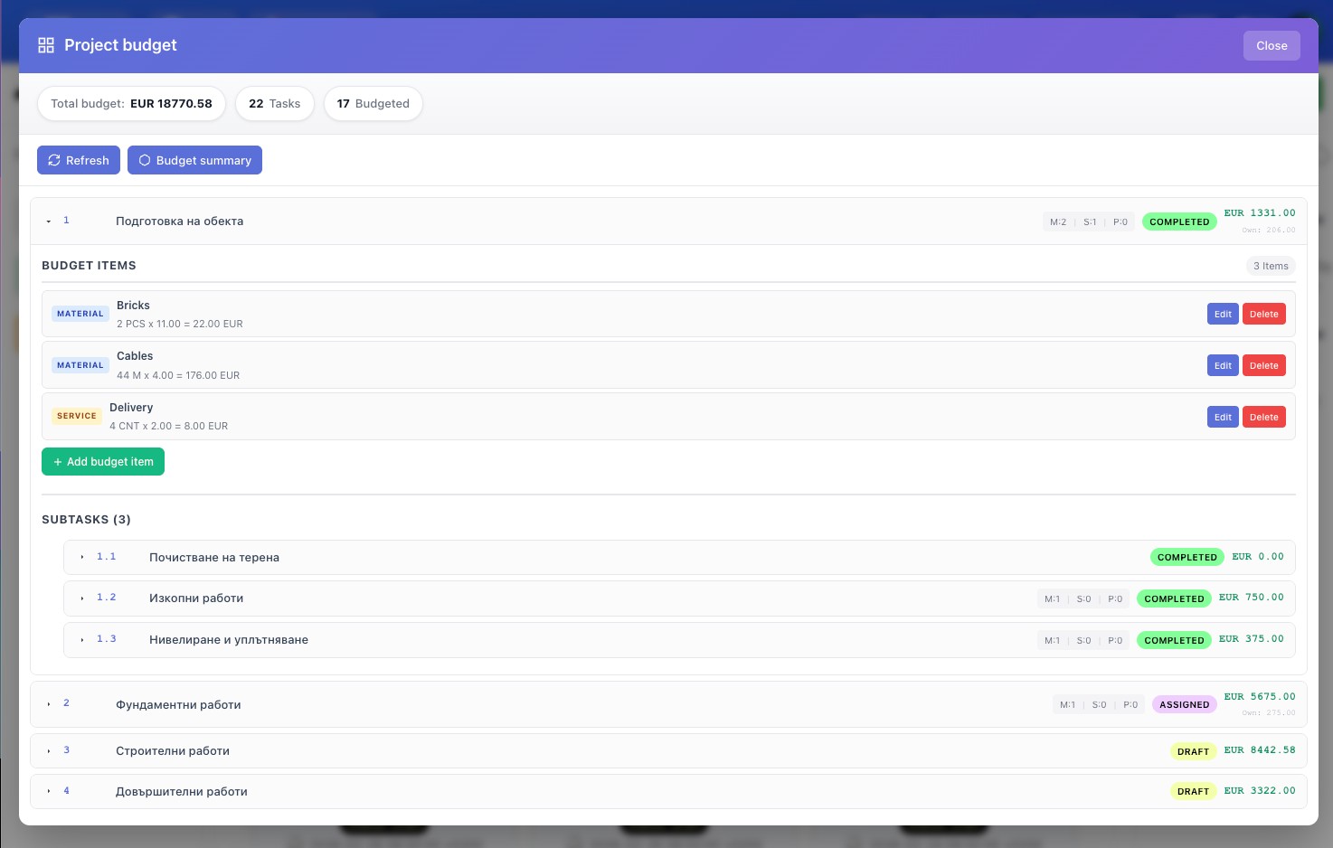 Project Budget Interface